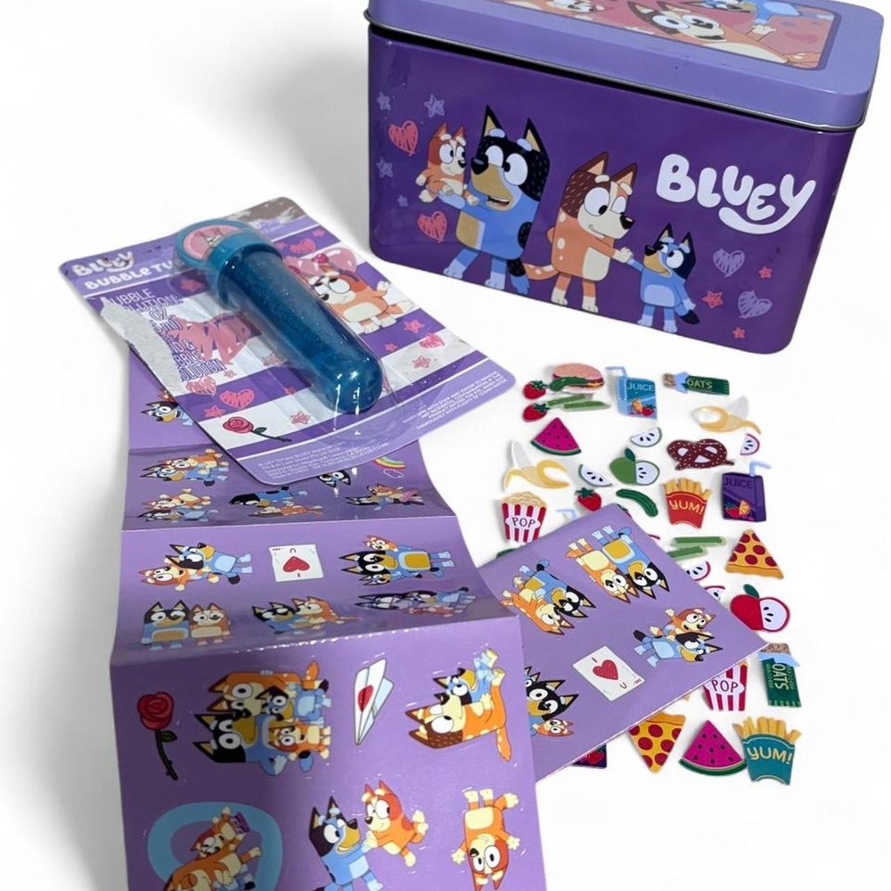 Bluey Collectible Purple Metal Storage Tin Box with Stickers and Bubble Wand